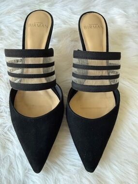 Alexandre Birman Black Suede Pointed Mule with Sheer Striped Band